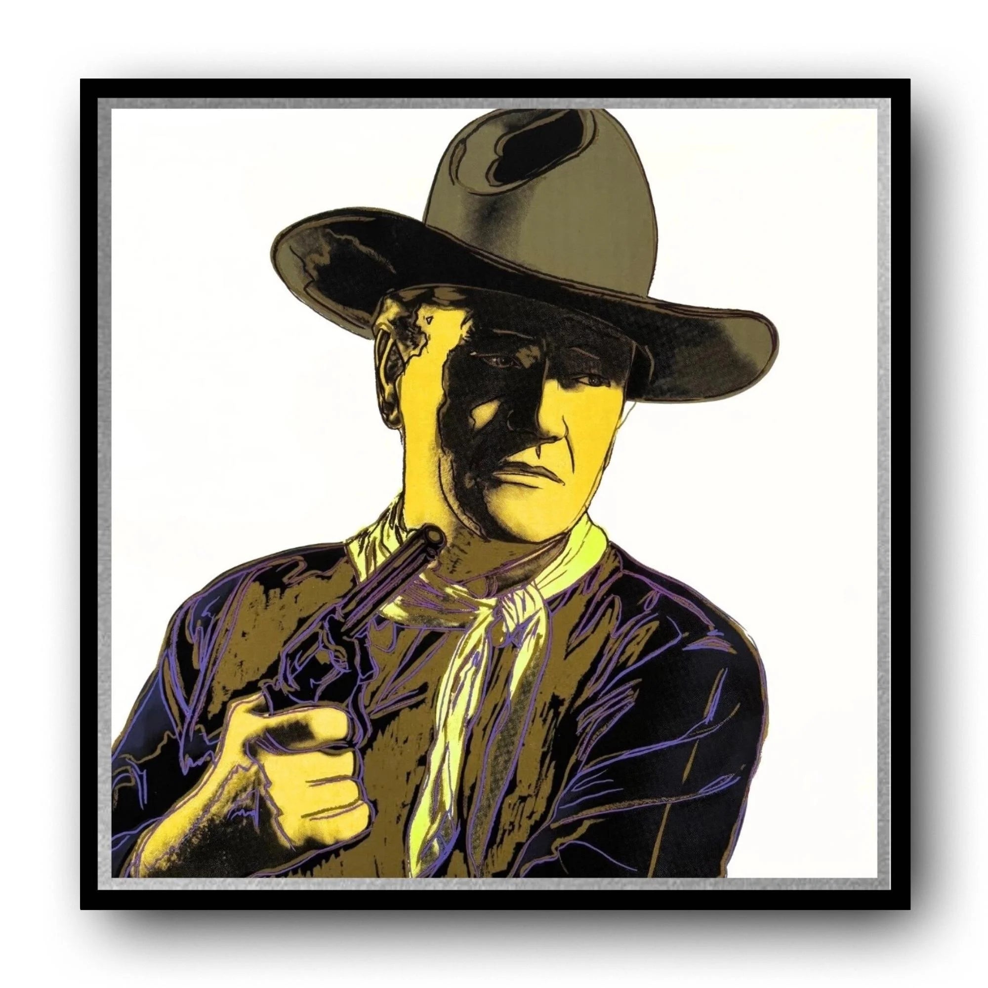 Framed artwork of a stylized cowboy holding a gun on a white background